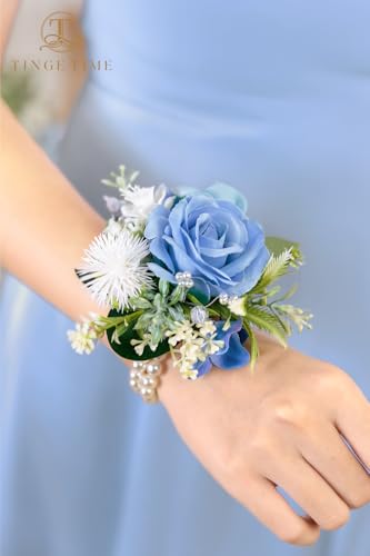 TINGE TIME Set of 2 Wrist Corsage Bracelets Pearl Wristlet Band Bridesmaid Bracelet for Wedding Ceremony Bridal Shower Wedding Artificial Flower Prom (Provence Blue) - color: Provence Blue