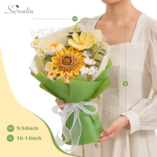 Serwalin Crochet Flower Bouquet,Yellow Knitted Flowers,Sunflower Crochet Flowers for Mother’s Day Wedding Anniversary Birthday Valentine Day Back-to-School or Graduation Ceremonies Gift (with Card) - color: Beautiful Sunflower