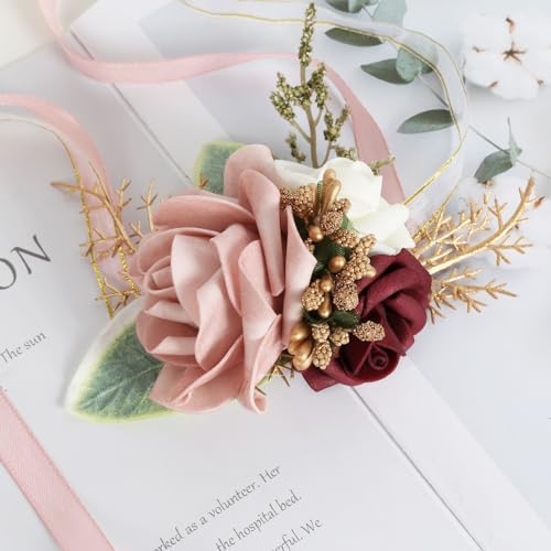 Blush Pink Corsage and Boutonniere Set for Wedding Prom Bride Groom Homecoming Rose Wristlet Band Bracelet Men Boutonniere Set Red Corsage Wristband Boutonniere for Wedding Suit Decorations - color: Pink