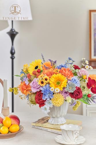TINGE TIME Fake Flowers Artificial Flowers Peonies Bulbous Chrysanthemum Daisy Hydrangea Sunflower Violets Dahlia Daffodils Epiphyllum Orchid Cherry Blossom Camellia Leyaron (Rainbow Colorful) - color: Rainbow Colorful