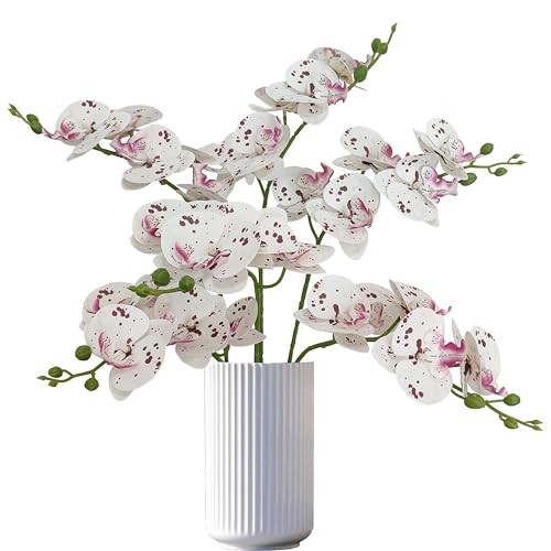 ATFL 6 Pack Ivory Orchid Artificial Flowers Real Touch, 23'' Artificial Fake Faux Silk Orchid Stem Bouquets for Wedding Party Home Garden Decor (6, Ivory White +Burgundy piebald) - color: Ivory White +Burgundy Piebald