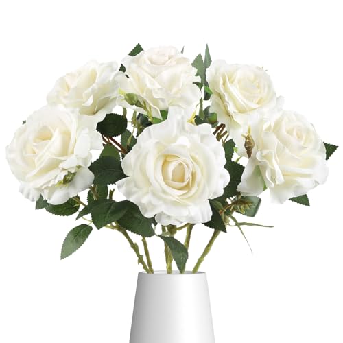 Velvet Rose Artificial Flowers 6Pcs Realistic Fake White Roses Long Stem Faux Flowers for Wedding Bridal Bouquet Home Party Garden Outdoor Decoration(White) - color: White