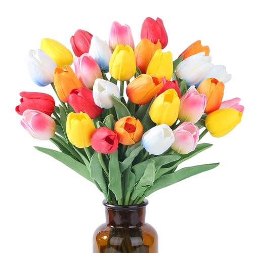 SITUMEIZI Fake Flowers Tulips Artificial PU Flower 15pcs Real Touch 14" for Spring Easter Home Kitchen Wedding Bouquet Bulk Mother's Gift Day Decorations(Multicolor,5-4) - color: Rose Red#,red,yellow,blue Base,sunset Red