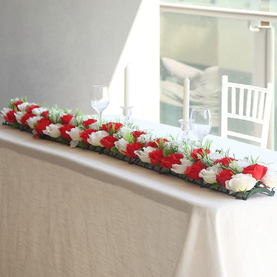 Tableclothsfactory 6 Pack Red Ivory Silk Rose Flower Panel Table Runner, Artificial Floral Arrangements Dining Table Decor - 20"x8"