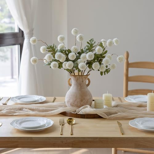mizii 6Pcs White Fake Silk Pompon Mum Artificial Flowers Bulk Small Faux Chrysanthemums with Stems Realistic Floral Decorations for Wedding DIY Bouquet Centerpieces Shower Vase Home Decor (White) - color: White
