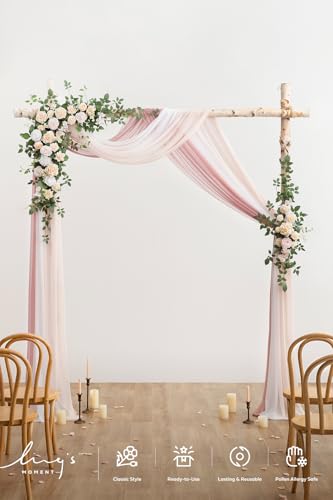 Ling's moment Wedding Arch Flowers with Drapes Kit-Pack of 5, 2pcs Flower Arrangements 3pcs Sheer Hanging Drapes White Ceremony Arbor Backdrop Artificial Rose Floral Decorations, Blush Cream - color: Pk-blush Cream