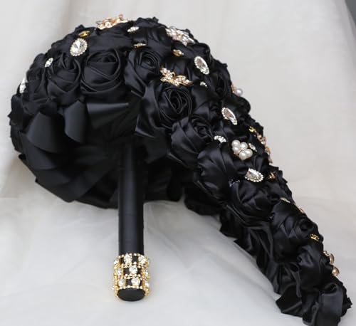 Luxury Cascade Bridal Wedding Bouquet Satin Rose Waterfall Holding Bouquet Artificial Flower Bunch for Bride Bridesmaid(Black, 15" x 7.5") - color: Black, size: 15"L x 7.5"W(38cm x 19cm)
