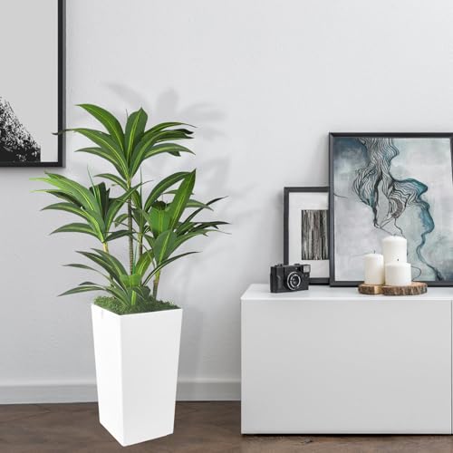 Artificial Dracaena Tree 4FT with White Tall Planter,Fake Green Plant with Natural Wood Trunk & Lifelike Leaves, Aritificial Yucca Plant for Home Office Decor,Housewarming