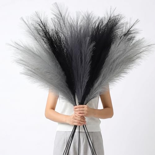 9 Pcs 43'' Faux Pampas Grass Decor, Tall Fluffy Black Gray Pampas Grass, Fake Pompas Branches, Long Feathers for Floor Vase, Boho Flower Arrangement for Home Wedding Decor - color: Black Gray