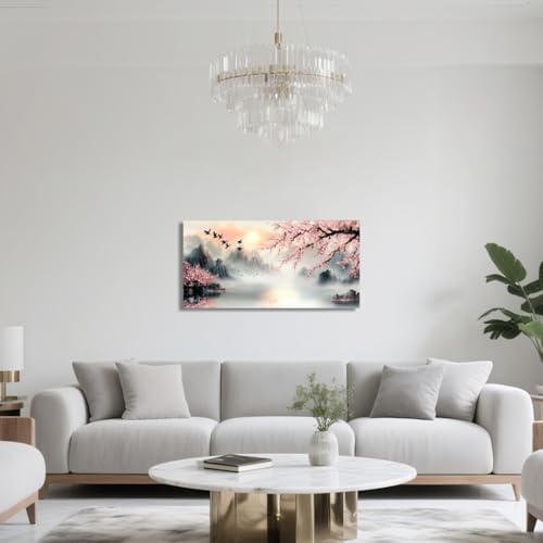 QIXIANG Cherry Blossom Mountain Canvas Wall Art Pink Floral Trees Pictures Large Landscape Painting Japanese Decor for Living Room Bedroom Framed (gold,18" W x 36" L) - color: gold, size: 18"W x 36"L