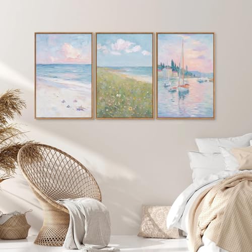 Rantodecor Impressionist Framed Canvas Wall Art, Vintage Italy Coastal Sailboat Wall Decor, Light Blue and White Posters Art Prints, Pastel Beach House Artwork for Bedroom Living Room Office 16"x24"x3 - color: Impressionist, size: 24"x16"