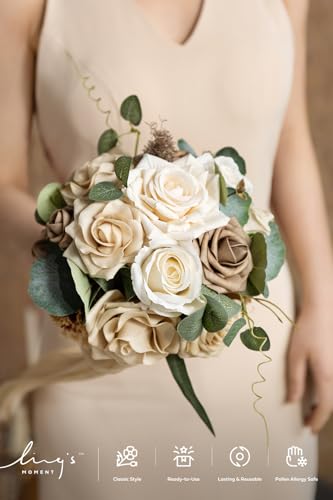 Ling's moment Artificial Bridesmaid Bouquets Set of 4,Oatmeal Beige Wedding Flower Bouquets Floral Bouquet Bridal Bouquets with Ribbon Ceremony Anniversary,7-inch Diameter - color: Br-beige