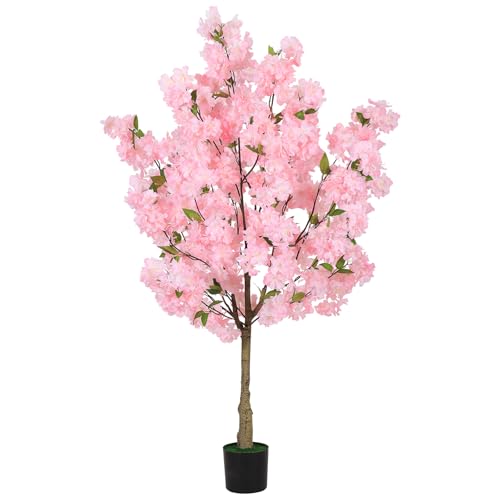 Cherry Blossom Artificial Tree, Fake Tree Faux Silk Plant with Plastic Nursery Pot, Artificial Plants for Home Office Indoor Decor (Pink, 4FT) - size: 4ft