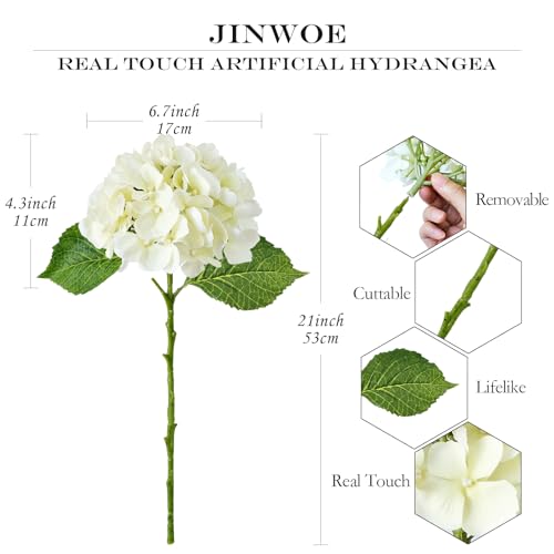 JINWOE 4PCS White/Cream Hydrangea Artificial Flowers, 21" Lifelike Latex Silk Real Touch Faux Hydrangea Flowers, Artificial Hydrangeas Bouquet for Wedding Centerpieces Tables Party Home - color: White