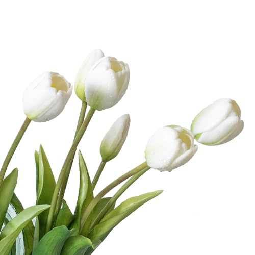 DUYONE 15Pcs Artificial Tulips Flowers, Soft Touch Realistic Latex Tulips Bouquet for Home Office Wedding Party Garden Decor, Fake Flowers for Centerpieces Dining Table Living Room Spring-B White - color: B Style-15pcs White (No Vase)