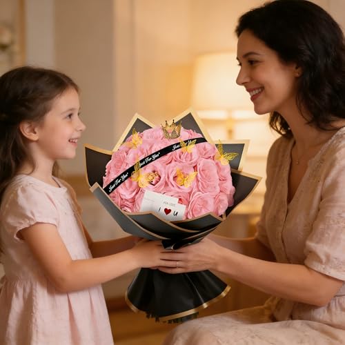 Light Pink Glitter Flower Bouquet, 36 Pcs DIY Artificial Glitter Rose Bouquet with Bear & Butterfly & Golden Crown, Eternal Flowers Gifts for Her, Girlfriend, Valentines, Birthday, Mother's Day - color: Fba-light Pink
