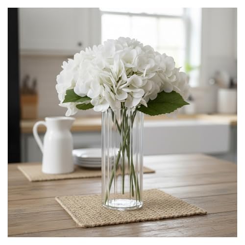 Artificial Hydrangea with Ribbed Glass Vase, 4 Stems, 12" | Real Touch Latex Faux Flowers, 10" Bloom Dia, Maintenance Free, for Table Centerpiece, Home Wedding Office Decor