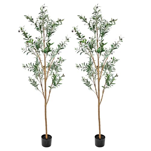 Sunnydaze Fake Olive Tree - 6ft Tall Faux Olive Tree with Pot - Indoor Artificial Plant with Black Weighted Base and Silk Leaves - Set of 2 - size: 6 ft