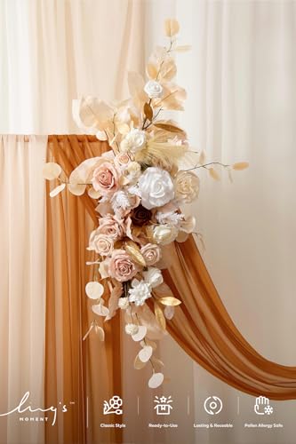 Ling's moment Spring Wedding Arch Flowers Kit Pack of 4, 2pcs Hanging Flower Arrangement 2pcs Chiffon Drapes Ceremony Fake Rose Arbor Backdrop Artificial Floral Outdoor Decorations, White Beige - color: Wht-white & Beige & Gold