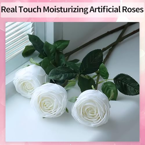 5Pcs White Real Touch Silk Flowers - Lifelike Roses Peony | Lifelike White roses & peonies with soft latex touch, no watering needed. Perfect for wedding bouquets, home decor & DIY - color: White