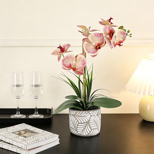 Orchid Artificial Flowers 16" Purple Red Fake Orchid Flowers in White Ceramic Pot Faux Orchid Plant for Home Decor Office Bathroom Table Centerpiece Indoor(Purple-Red Dapple) - color: Purple Dapple-white Patterned