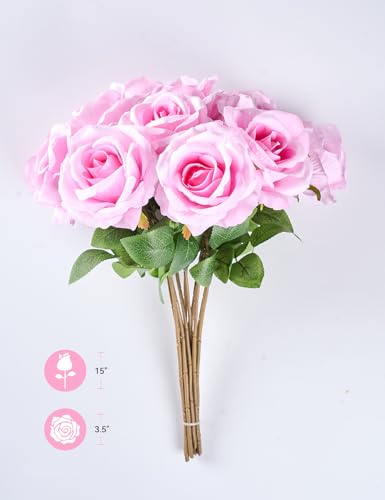 PONKING 3.5"(9cm) Rose Artificial Flower 12pcs Realistic Faux Silk Roses Fake Flowers Bouquets Arrangements Decor for Wedding Mother's Day, Home Table Christmas Valentine Decorations, Pink Flower - color: D 12pcs Pink Rose