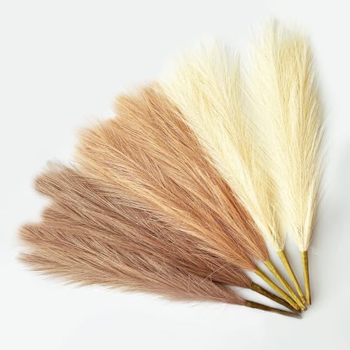 Pampas Grass Decor, Fluffy Faux Pampas Grass 6 Stem 18"/45cm Pompous Grass Small Flower Arrangement and Vase Filler for Boho Home Wedding Decoration - color: Beige& Light Curry& Brown Curry