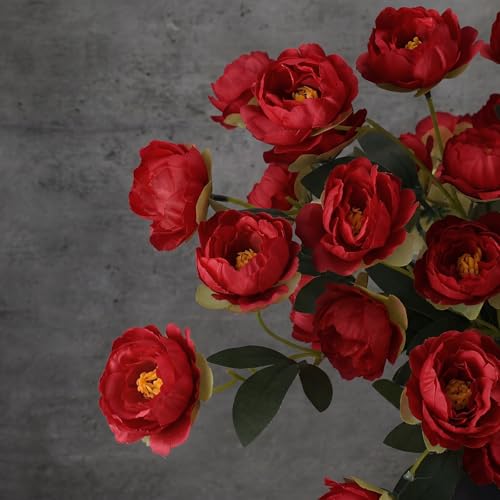 6 Pcs 32" Large Red Artificial Peonies Stems Flowers, Real Look Faux Silk Peony Bouquet 42 Heads Total for Vase Filler, Farmhouse Rustic Neutral Home Decor, Wedding Centerpieces - color: Red