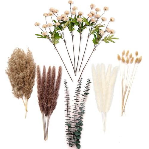 RoseTalk Simulation Flower Decor Luxury Faux Flower Arrangements – Realistic Artificial Flowers with Beige & White Peonies, Dried Pampas Grass, Bunny Tails & Eucalyptus - color: Beige