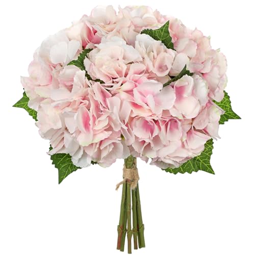 Hollyone Light Pink Hydrangea Artificial Flowers 6pcs Large Real Touch Faux Hydrangeas Silk Flowers Bouquets Fake Flower with Stems for Home Decor Indoor Wedding Kitchen Centerpiece Table Decorations - color: Pink & White