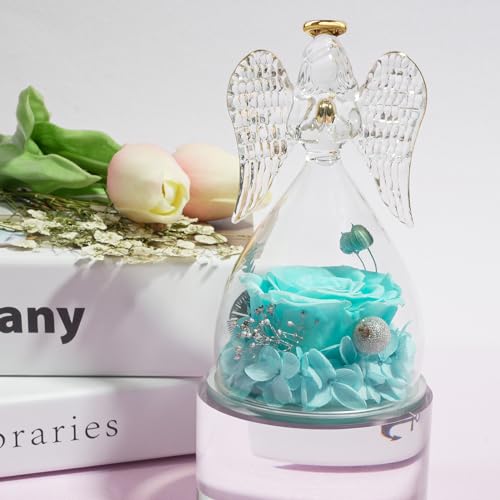 Miofula Gifts for Mom Birthday Gifts for Women, Preserved Flowers Rose in Glass Angel Figurines, Fresh Flowers for Delivery Anniversary Forever Real Roses Gifts for Mothers Grandma Her Wife Girlfriend - color: Sky Blue
