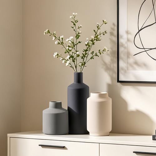 Ceramic Vase Set of 3, Modern Decorative Vases for Home Decor, Small Flower Pottery Vase Sets, Boho Farmhouse Rustic Vases for Living Room, Kitchen, Bedroom, Bathroom, Shelf, Table - color: Multi Grey