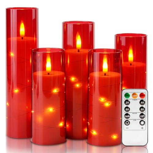 Homemory Acrylic Flameless Candles with Embedded Star String Fairy Lights, Battery Operated, LED Candles, Fake Candles with Remote Control and Timer, Red, Set of 5 - color: Red-5pcs, size: 5pcs, D2.2"x H5"5"6"7"8"