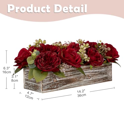 Flower Arrangement with Wooden Vase 14" Artificial Flowers in Pot - Fake Flowers Roses Peonies Hydrangeas in Wooden Vase Potted Artificial Flower Centerpieces for Table Decor Living Room - Red - color: 14"l Burgundy Red