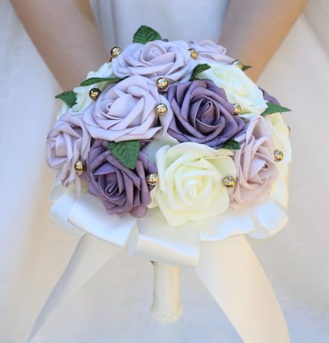 Handmade Wedding Bouquet Artificial PE Rose Bridal Bridesmaid Bouquet with Soft Ribbons Wedding Hand Holding Bouquet Artificial Fake Flowers Toss Bouquet(B-Light Purple & Purple & Ivory, 9.1"/23cm) - color: B-light Purple & Purple & Ivory, size: 9.1"/23cm