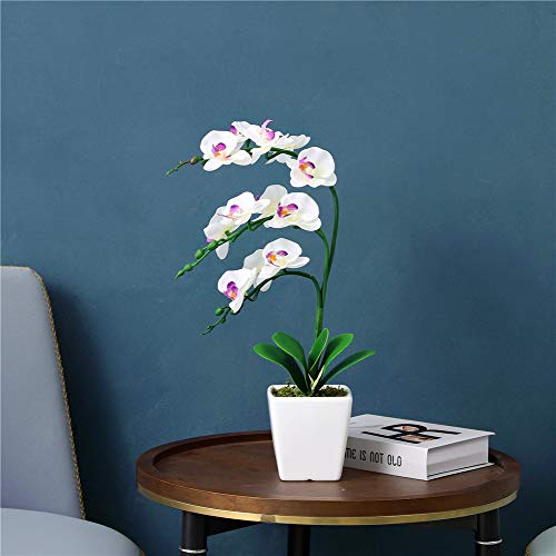 15" Tall Artificial Silk Phalaenopsis Orchid Flower Plant Pot Arrangements (White) - color: White