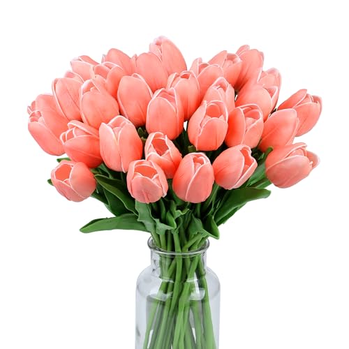 SITUMEIZI Fake Tulips Artificial Flowers Real Touch Champagne 14" 15 Pcs PU Flower for Home Decor Spring Easter Wedding Bouquet Decorations Floral Arrangements - color: Champagne