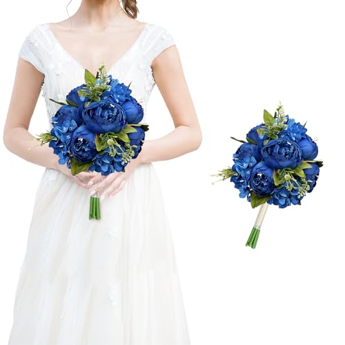 Royal Blue Bridesmaid Bouquet for Wedding, an Artificial Silk Peonies Flowers Bouquet for Marriage Decorations - color: Royal Blue