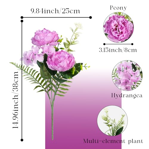 6 Bundles Peonies Artificial Flowers for Outdoors UV Resistant Faux Peony with Hydrangea Fake Flowers Silk Flowers for Outside Front Porch Garden Window Box Planters Decor (Purple) - color: Purple