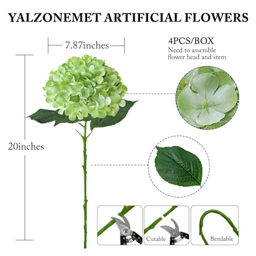YalzoneMet 4Pcs Light Green Silk Hydrangea Artificial Flower Lifelike Big Blooms 20'' Long Stem Faux Hydrangea Flower Bouquets for Home Party Indoor Outdoor Wedding Table Centerpiece Decor - color: Light Green