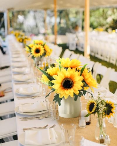 Coferset Sunflower Potted Artificial Flowers Small Fake Plant Yellow Sunflower Small Artificial Plants for Home Office Farmhouse Coffee Table Bathroom Wedding Party Decor(2PCS)