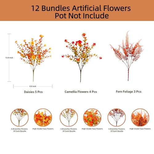 Artificial Flowers for Outdoor Indoor Decoration, Faux Flower Daisy with Eucalyptus Leaves Fake Plants Dried Flower Greenery Boxwood Porch Patio, 12 Bundles (Orange Yellow Burgundy) - color: Orange Yellow Burgundy