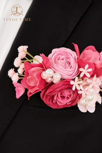 TINGE TIME Boutonniere for Men Wedding Elegant Hot Pink Groom & Best Man Pocket Flower for Wedding, Prom, Homecoming, Anniversary, Graduation, Christmas Dinner - color: Hotpink