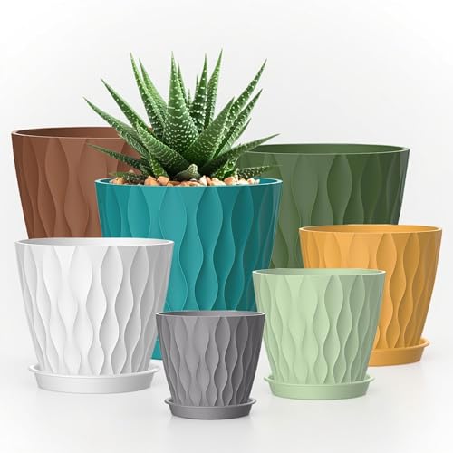 4/4.5/5/5.5/6/6.5/7 Inch Plant Pots,7 Pack Flower Pots with Drainage Holes and Trays,Plastic Planters for Indoor Outdoor Plants Growth,Multicolor - color: Colorful, size: 7+6.5+6+5.5+5+4.5+4inch