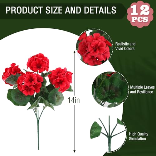 Hananona 12 Pcs Artificial Geranium Flowers for Outdoors Geranium Silk Red Flowers Outdoor UV Resistant Garden Plants Faux Flower for Christmas Home Kitchen Table Centerpieces Decor (12, Red) - color: Red
