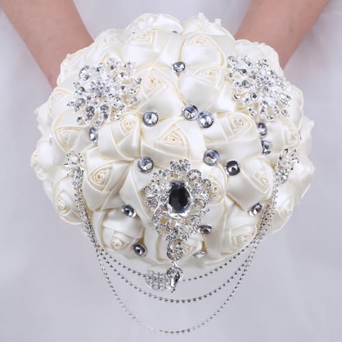 Ivory Bridal Wedding Bouquet with Bling Brooch Rhinestone String Cascading Satin Rose Flower Bouquet for Bride Bridesmaid Quinceanera Wedding Ivory 9.5in - color: ['Ivory #3'], size: Diameter: 9.5 inches