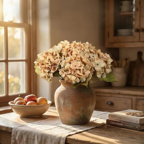TOPIA Silk Fall Flowers Artificial Dried Hydrangea Artificial Fall Bouquet Fake Dried Flowers for Home Decor(6 PCS) (Autumn Yellow) - color: Autumn Yellow