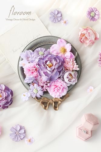 Floroom Mini Artificial Flower Heads Lavender & Purple Fake Peony Daisy Rose Multicolor Small Faux Silk Flower Heads for Cake Craft Garland Wedding Party Graduation Cap DIY Home Decoration, 0.8"-3.6" - color: Elysian Lavender & Violet