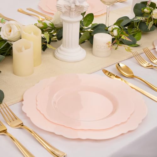 WDF 60pcs Pink Plastic Plates - Baroque Pink Disposable Plates Including 30 Dinner Plates 10.25inch, 30 Dessert Plates 7.5inch for Upscale Wedding/Baby Shower/Spring - color: Pink, size: 60PCS