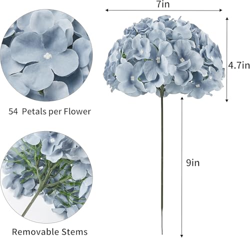 DuHouse Silk Hydrangea Artificial Flower Heads with Stems Fake Hydrangeas Flowers for DIY Wedding Centerpiece Home Decor,Pack of 6 (Dusty Blue) - color: Dusty Blue